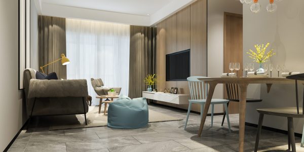 3d rendering loft luxury living room with shelf near dining table